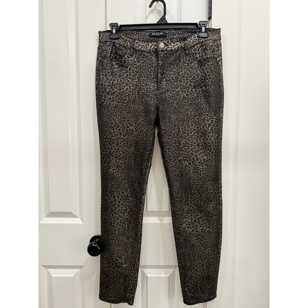 BACCINI Women’s Leopard Print Jeans Brown Animal Print shiny Denim Pants Sz 14